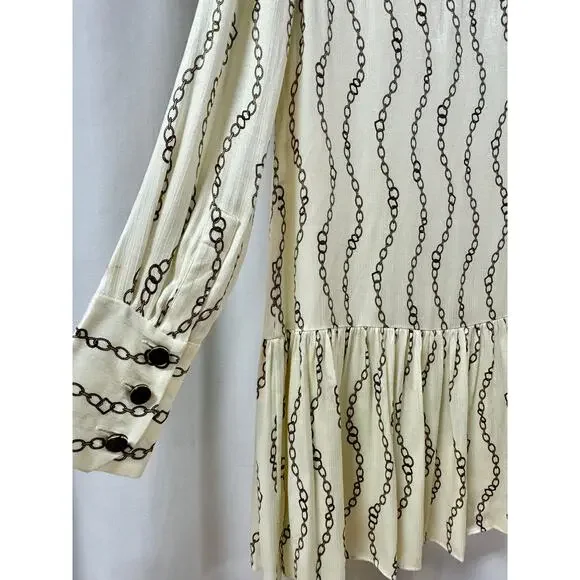 Alexis Lydia Chain Link Printed Tie Neck Shift Mini Dress Cream Women's Size M